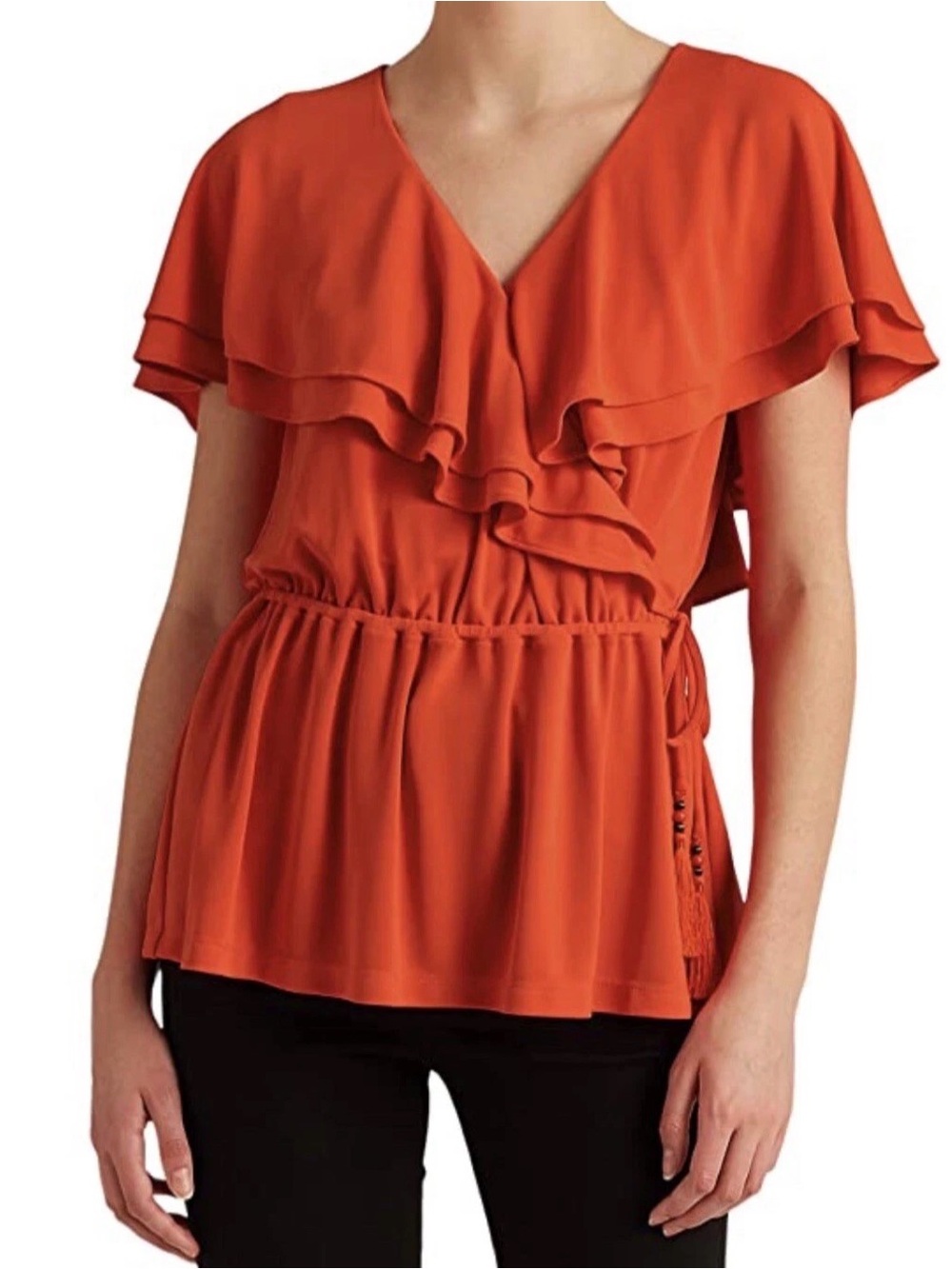 Lauren Ralph Lauren Ruffle-Trim Surplice Jersey Top - Vivid Tangerine, XS $125